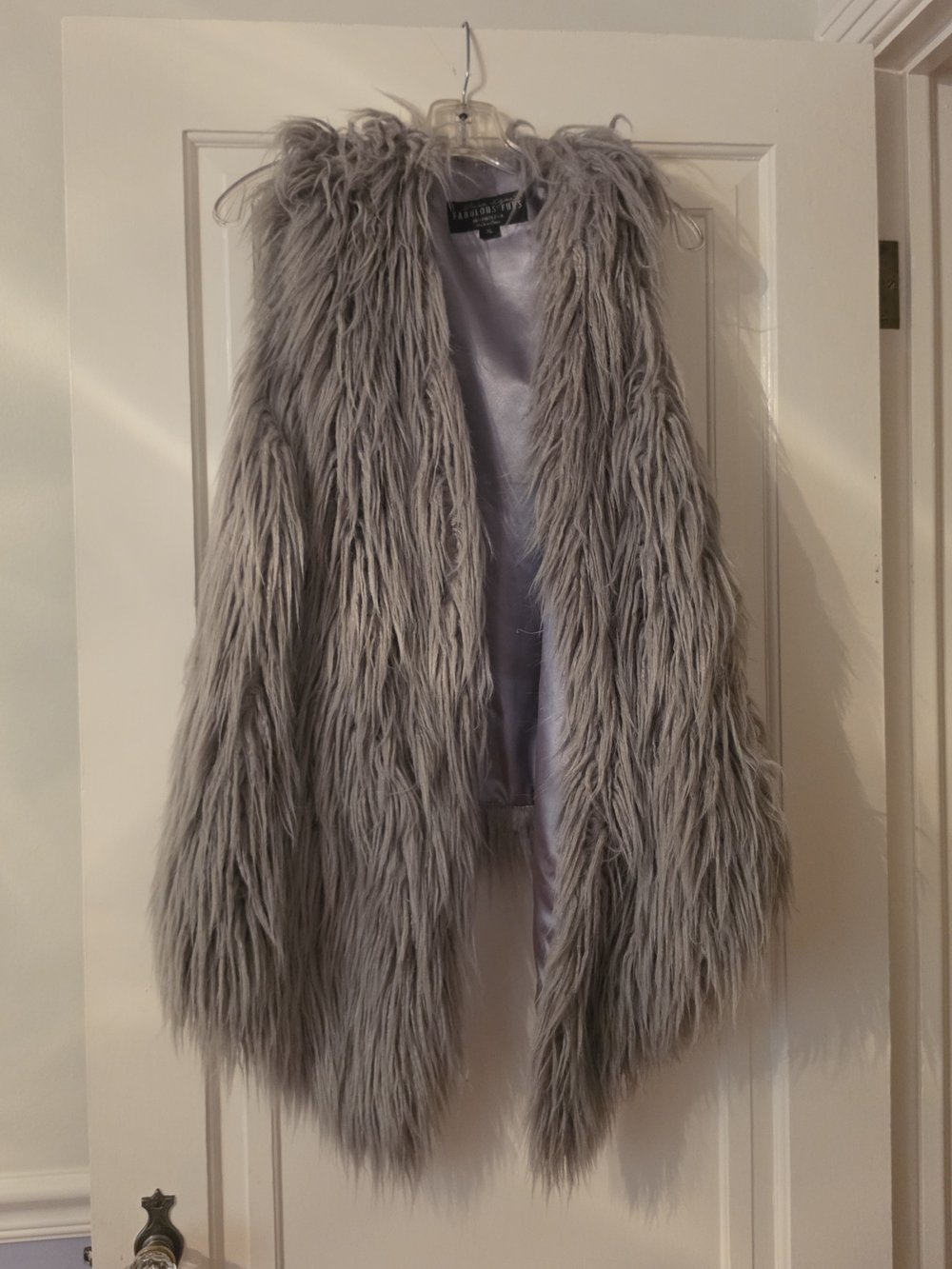 Fabulous Furs Gray Long Plush Faux Fur Jacket
